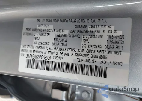 2021 Mazda Cx-30 2.5 Turbo из США, поврежденный, VIN 3MVDMBAY2MM308004